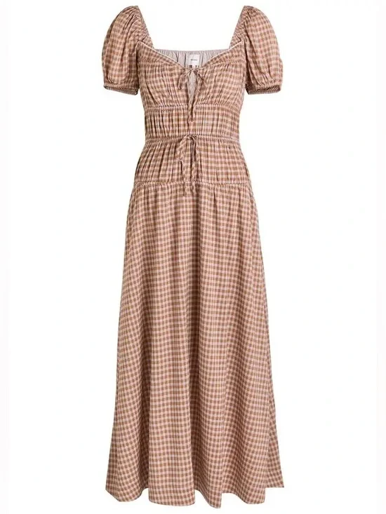 NEW Reformation Rhett Midi Dress in brown check - Picture 7 of 10